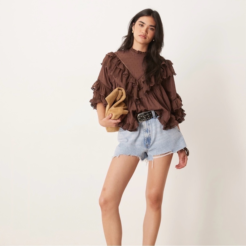 ASOS DESIGN ruffle floaty blouse with lace trim in brown Boho Relaxed Fit